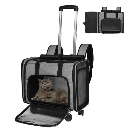 GJEASE Airline Approved Pet Carrier Backpack with Wheels(Large Space),Rolling Backpack with Durable Handle and Flexible Wheels,Breathable Durable Mesh Panels(Most Airplane Approved)